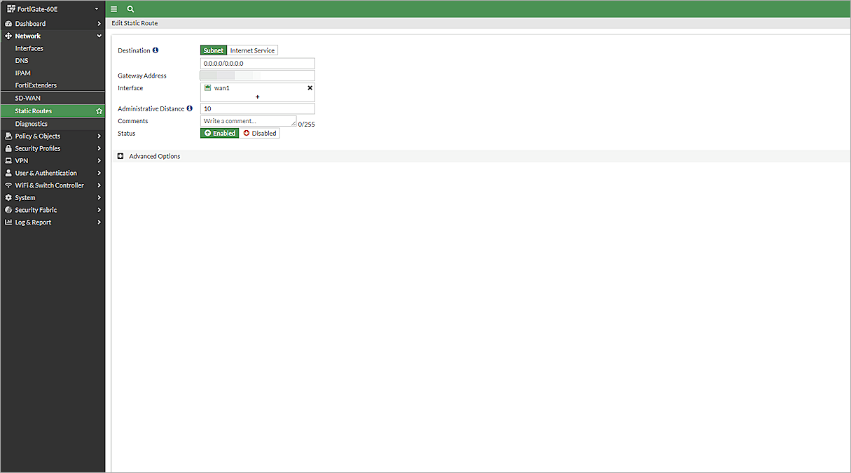 Screenshot of the Edit Static Route page in the FortiGate Web UI